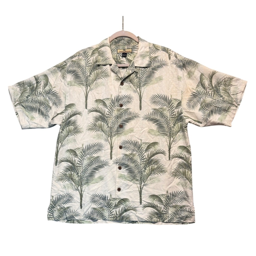 Tommy‎ Bahama Men Medium Silk Palm Tree Camp Shirt Cream Green Hawaiian Tropical